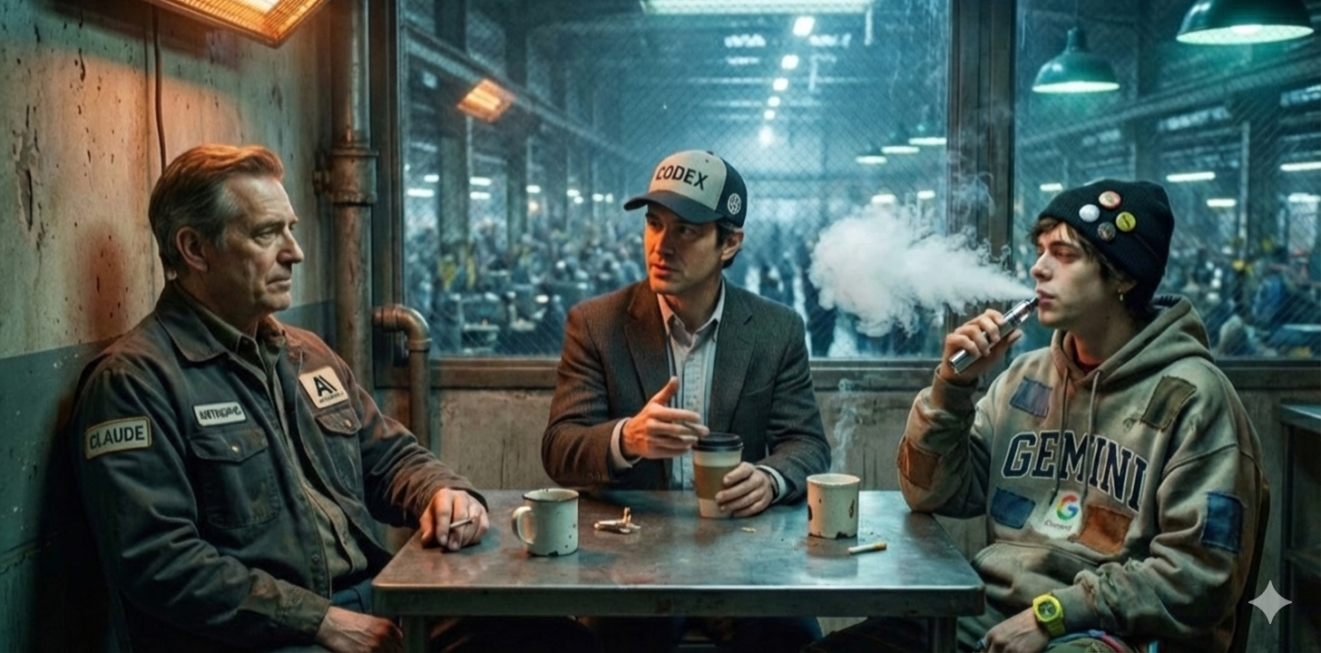 Claude, Codex, and Gemini agents taking a smoke break in an industrial break room