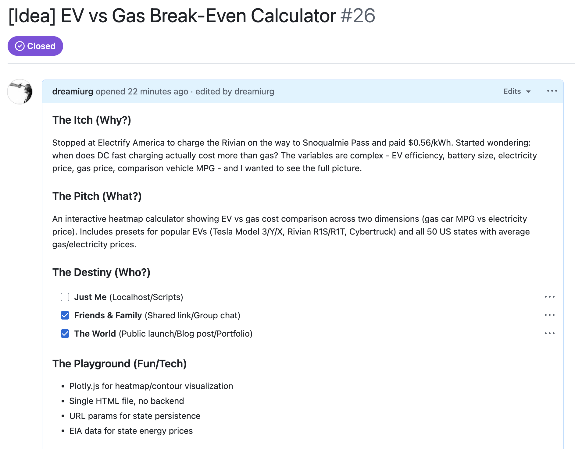 GitHub Issue showing the Itch & Pitch template filled out for the EV calculator