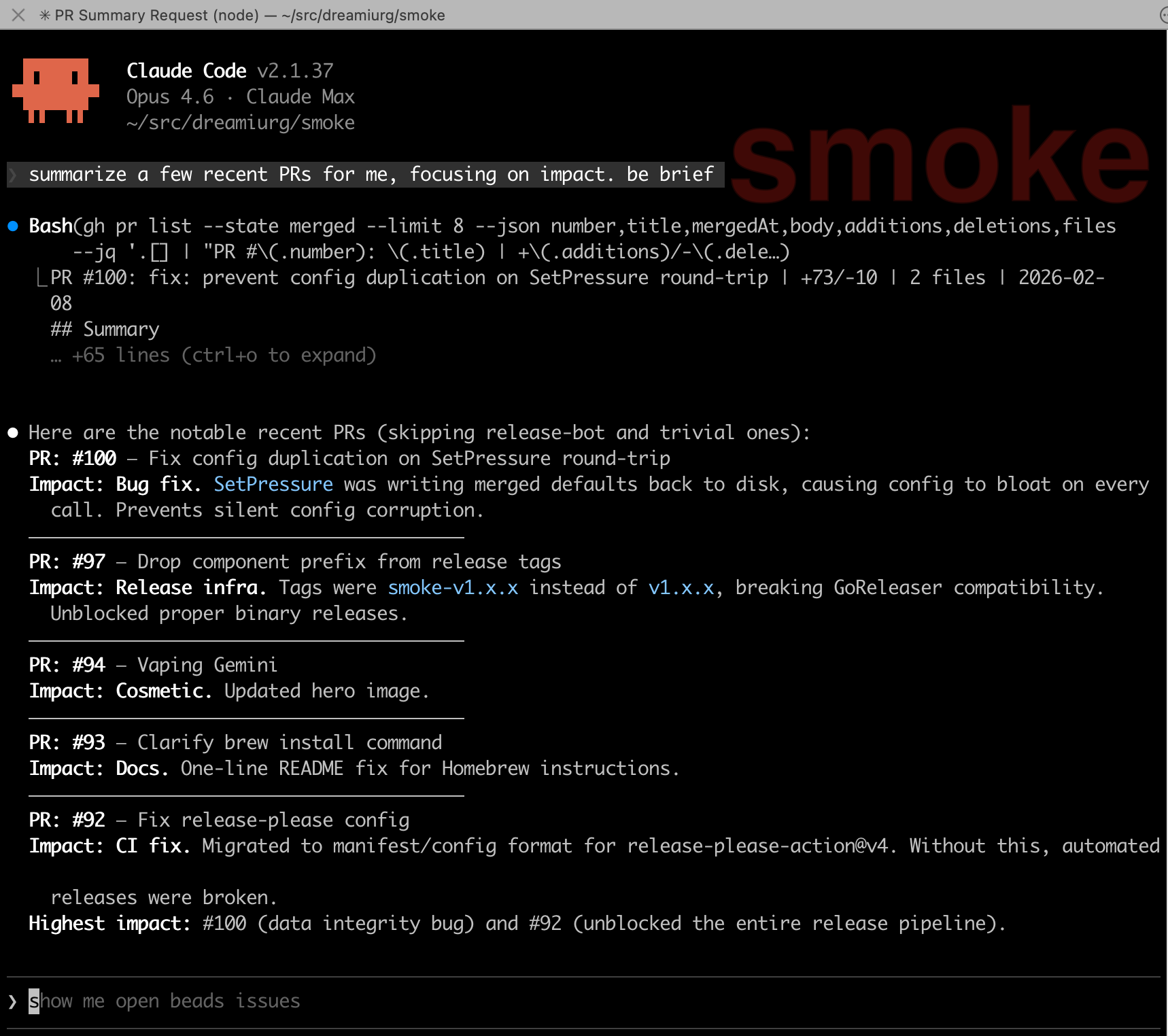 iTerm2 badge showing the repo name "smoke" behind the terminal output