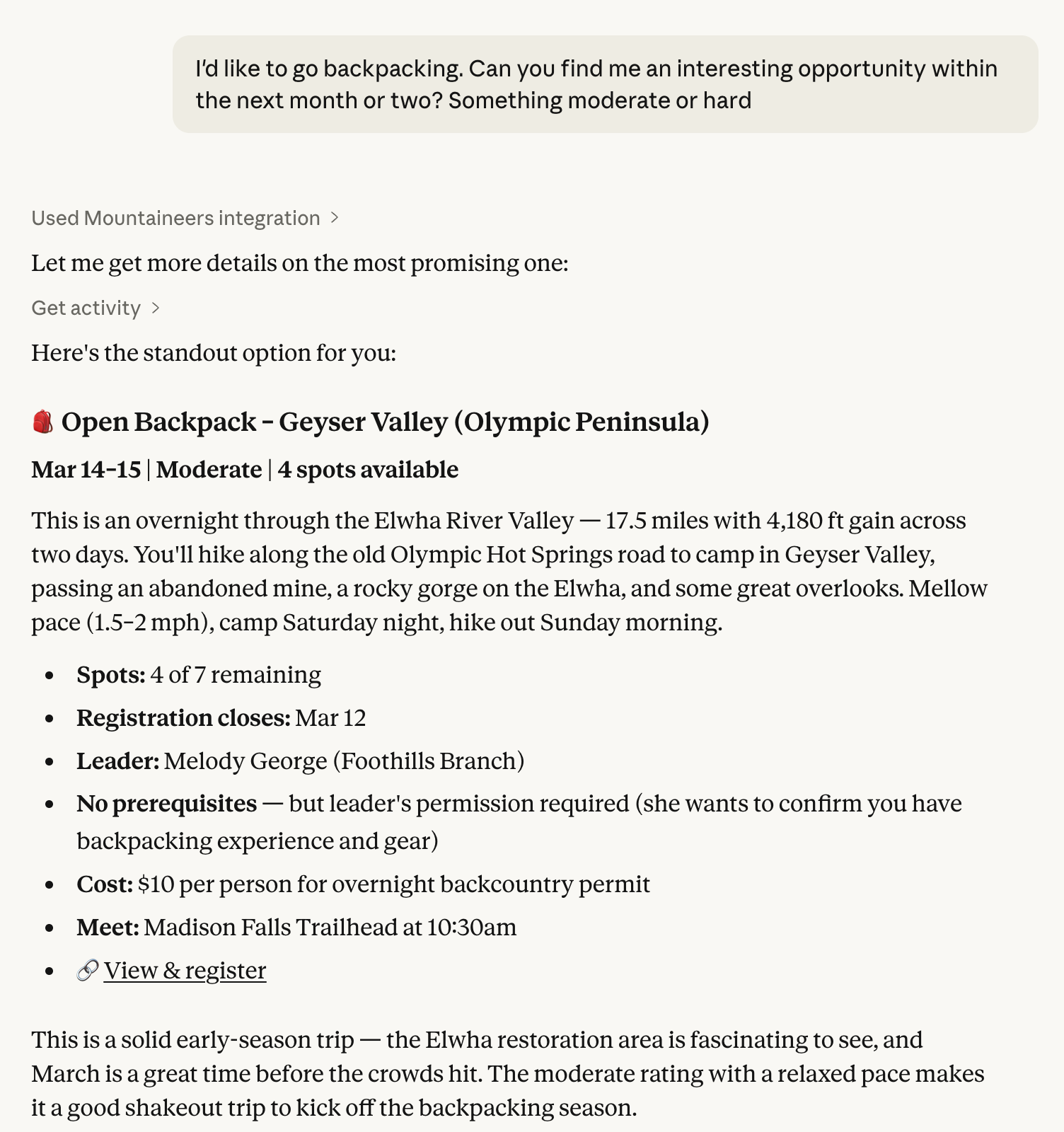 Claude Desktop showing activity details generated from Mountaineers data