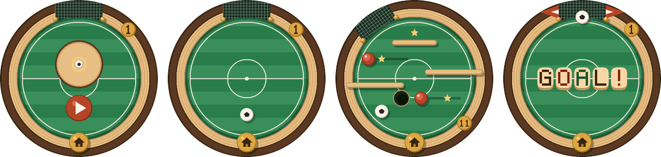 Marble Kick screens: calibrate, play, a puzzle level, goal