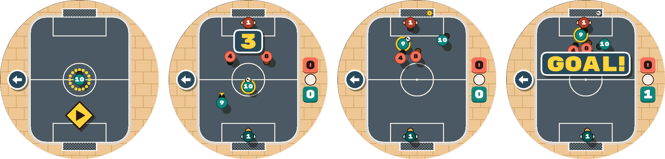 Tilt FC screens: calibrate, kickoff, a match, goal